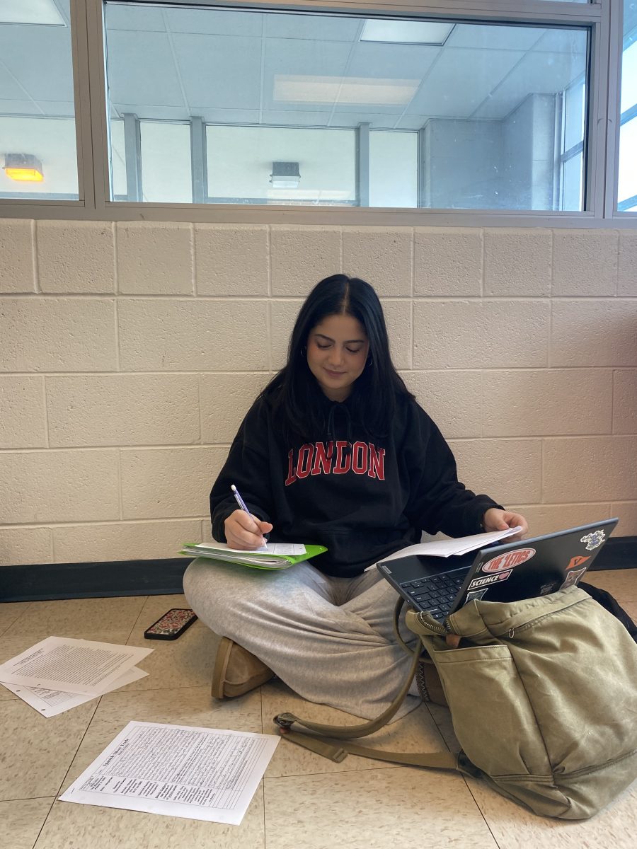 Junior Joy Nadda catches up with her AP World homework after missing school due to sickness.