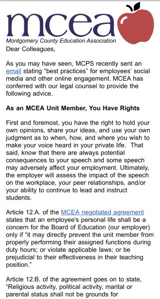 MCEA, the Montgomery County, teachers union sent out an advisory email to members on Dec. 15 after multiple MCPS teachers were placed on leave for online statements.