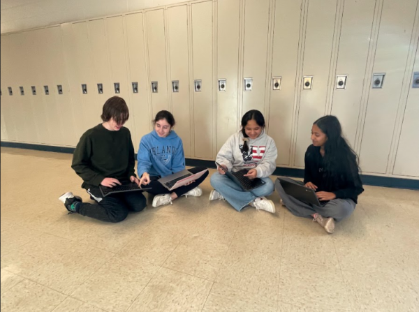 Sophomores Maximilian Iano-Stockton and Aava Nikakhtar collaborate with juniors Naysa Mustafa and Diya Khetan on their team multimedia presentation during their second period AP Seminar class, which will be offered for the first time in place of Honors English 10 in the 2024-2024 school year.