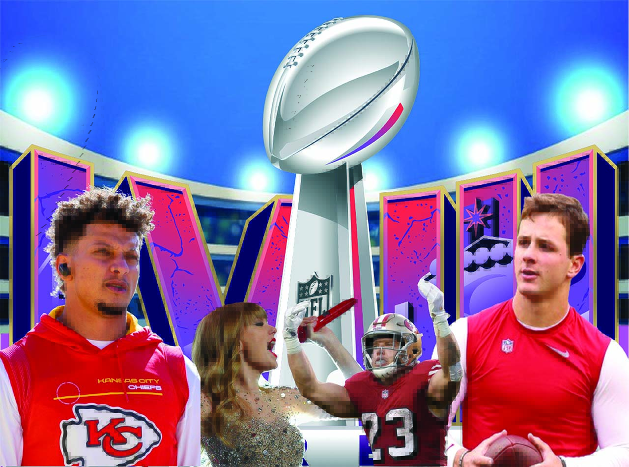 Quarterbacks Patrick Mahomes (left) and Brock Purdy (right) faced off in the Super Bowl on Feb. 11. The Chiefs ended victorious with a final score of 25-22. Taylor Swift (middle left) and Christian McCaffrey (middle right) also played large roles in this years Super Bowl story.