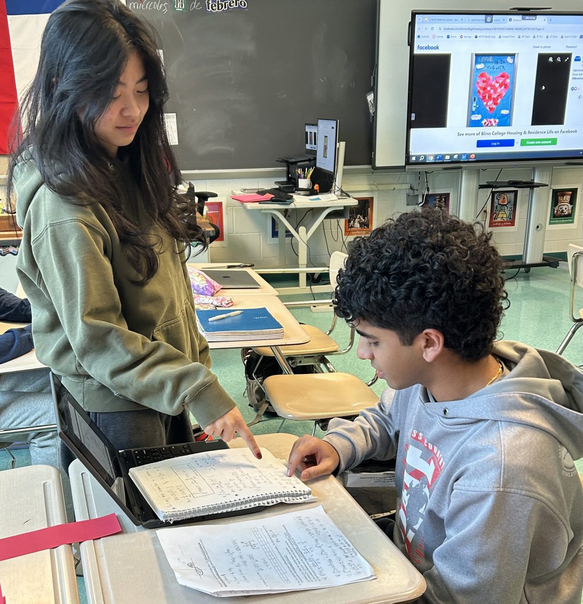 Juniors Emma Li and Sebastian Thomas study for their AP AB Calculus test together during Wellness Wednesday on Feb. 14. Due to rising class sizes, students rely on each other for help more than the teacher since the teacher has less time to give personalized feedback for each student. 