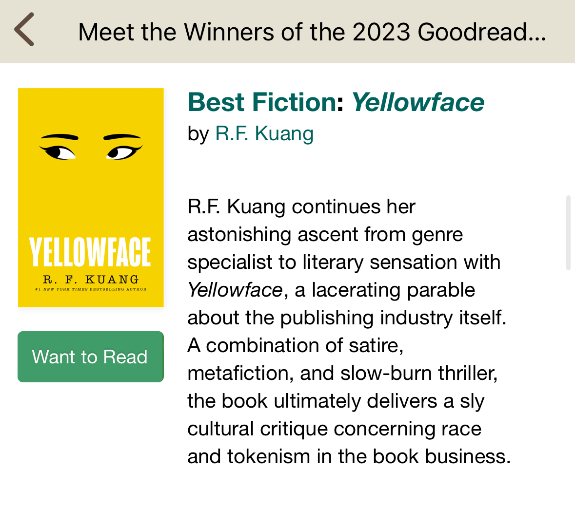 Yellowface, by R.F. Kuang, wins Best Fiction in the 2023 Goodreads choice awards.