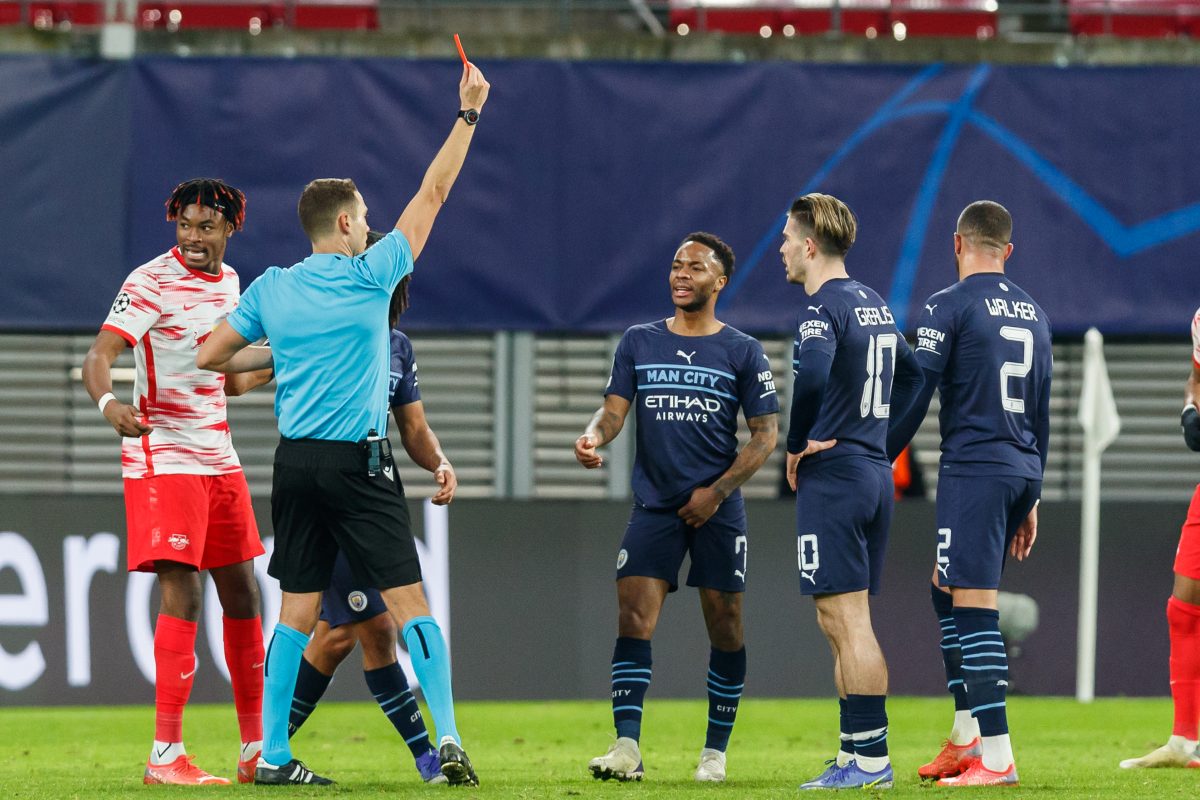 Kyle Walker is shown a red card during a 2-1 Champions League defeat to RB Leipzig on Dec. 7, 2021. Walker has played as a right-back for Manchester City since his signing in 2017 from Tottenham Hotspur.