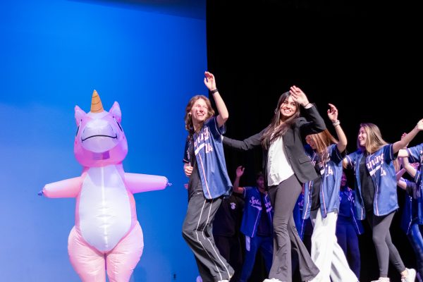 Statistics teacher Michelle George sings during TNL. George was the masked singer in the pink unicorn costume. Students often hear her singing in class so she was the first person we asked, music teacher Keith Schwartz said.