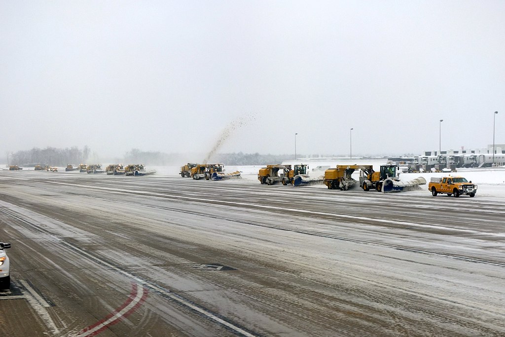 Dulles Airport tries to handle snow on taxi-ways on Jan. 14 after a snowstorm hit leading to a four-inch coating of snow on the ground, causing delays and cancellations of flights arriving and departing.
