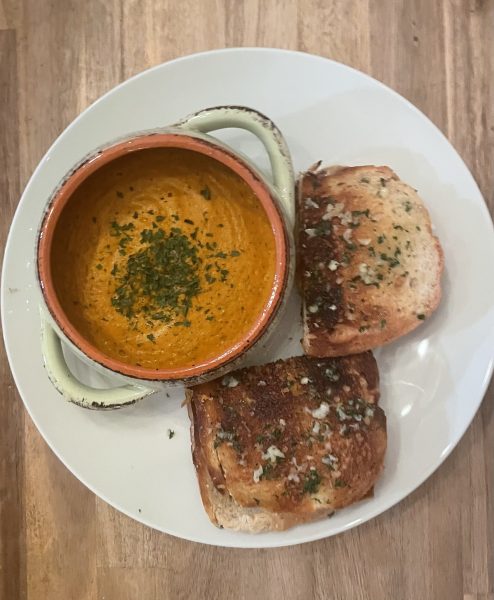 Garlic bread grilled cheese and tomato soup are a great choice for lunch.