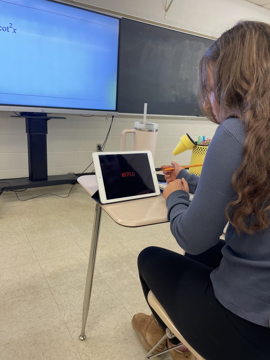 Freshman Hayley Lachter watches Netflix during free time in advisory. Whenever I am not going in for help or finishing or making up a test, I like to chill out during advisory and watch a show, Lachter said.