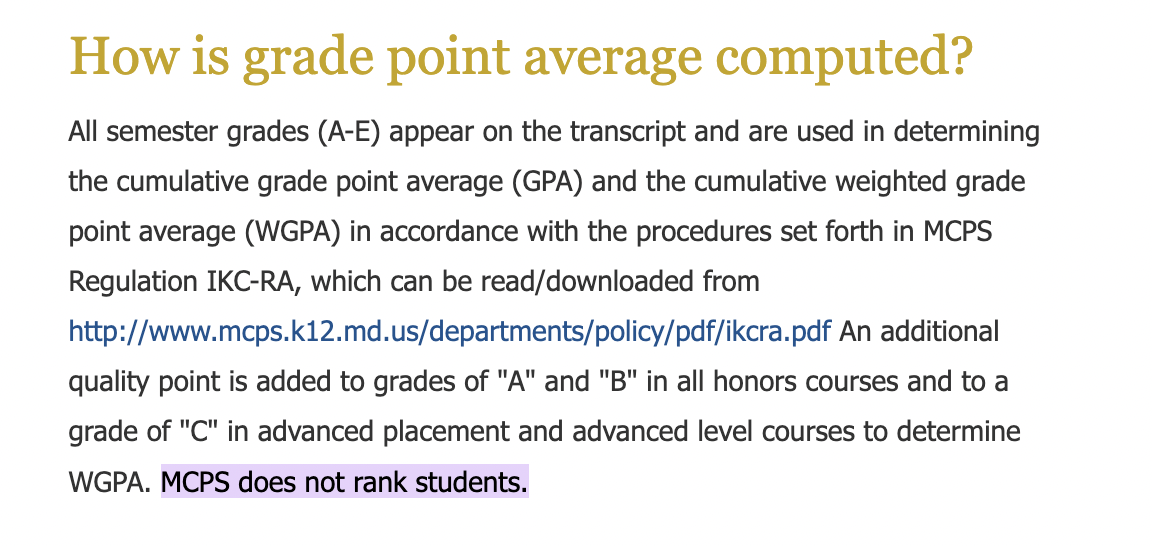 While MCPS uses traditional calculations for GPA and weighted GPA, they do not have a class ranking system based on students GPAs. 