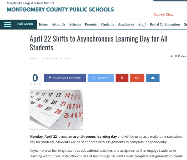 MCPS schools will have an asynchronous day on Apr. 22 as a make-up for the weather closures. Students will work on assignments from home and be able to ask teachers questions if needed.