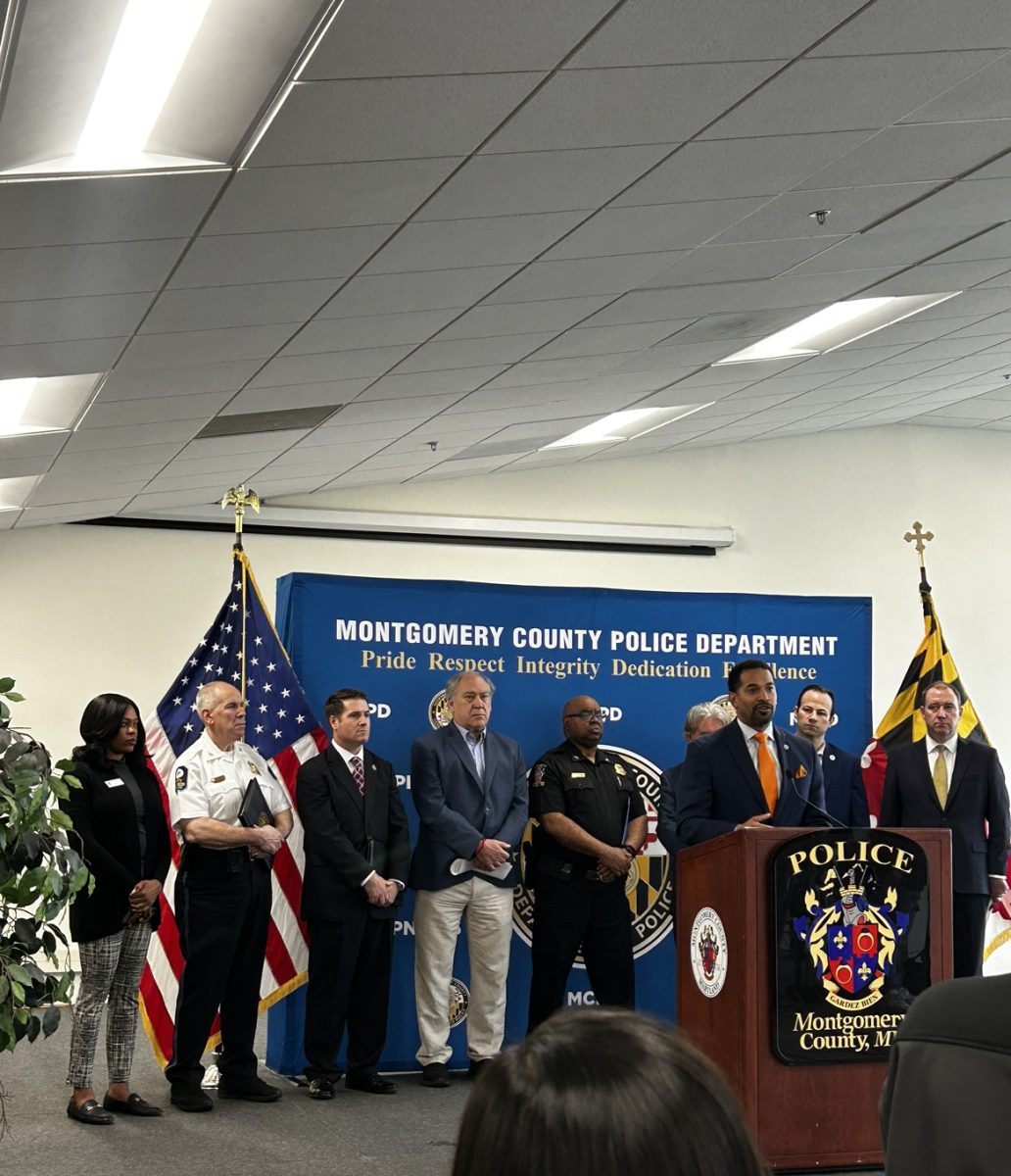 MCPS officials speak at a press conference at the Montgomery County Police Department First District on Apr. 19 regarding the arrest of former student Alex Ye.