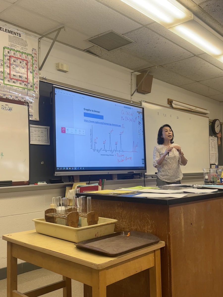 Dr. Mei Wang reviews with her seventh and eighth period chemistry class for the AP exam.