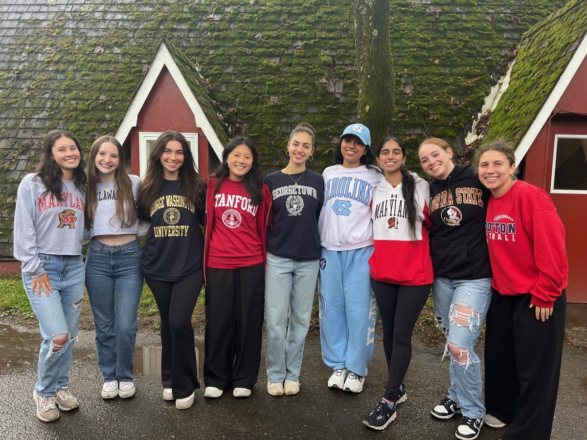 Senior Gurnoor Sodhi (third from right) and her friends wear their college gear at senior picnic on May 10 as they ready for the next chapter of their lives.