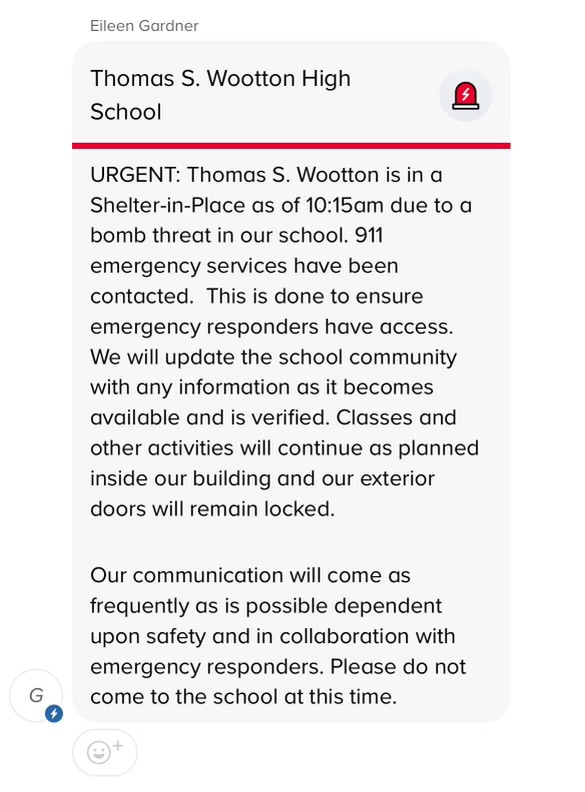 Students receive a text from Remind that places the school in a Shelter-in-Place and confirms the presence of a bomb threat on Apr. 23.