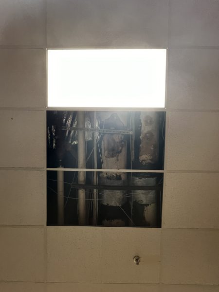 While multiple site improvements are scheduled for the summer, areas of the school will remain in a state of disrepair, like the ceiling tiles pictured on the first floor.
