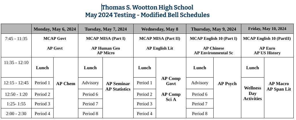 Modified testing bell schedule for the week of May 6.