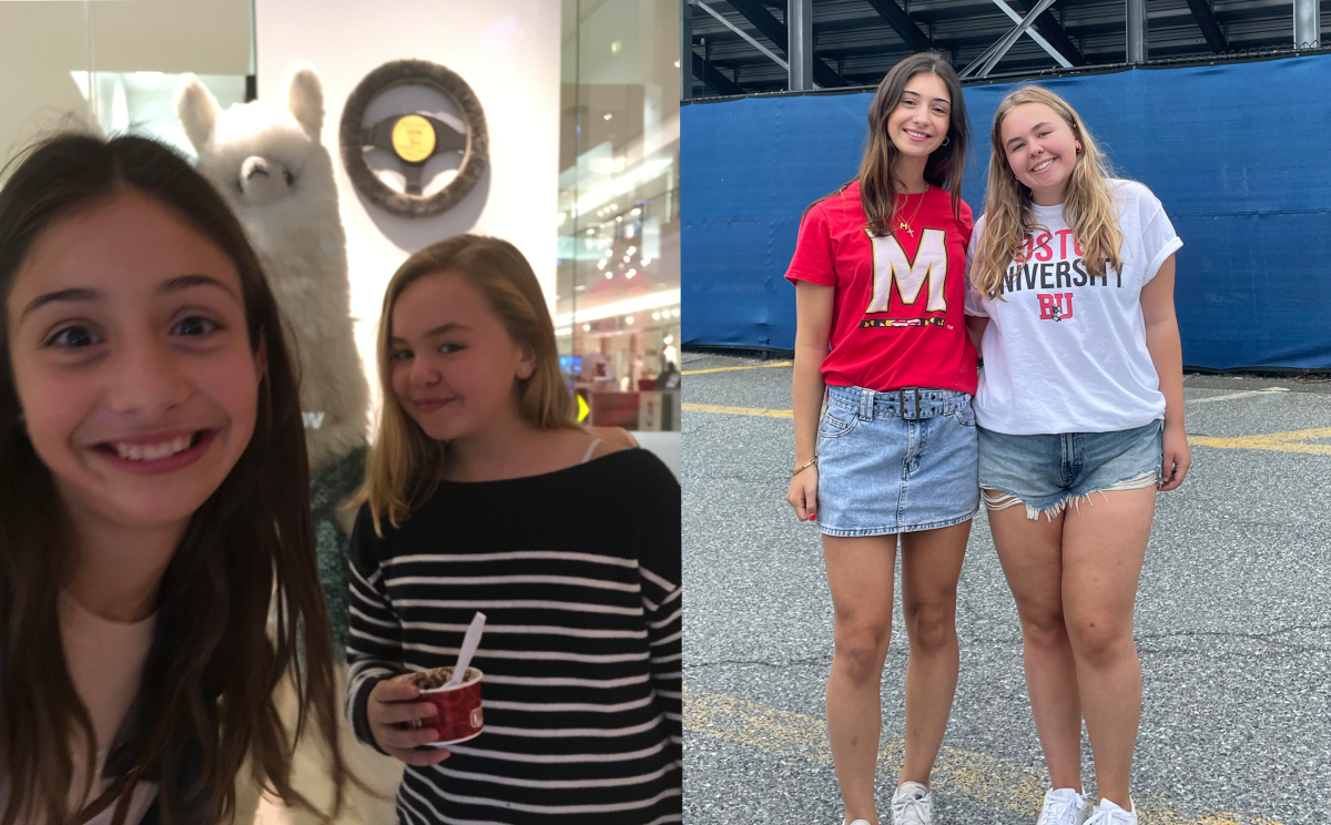 Editors-in-chief emeritus Maria Sofronas and Elizabeth Mehler visit the mall in 2017 (left). Sofronas and Mehler wear their future college shirts in the school parking lot on May 20 (right).