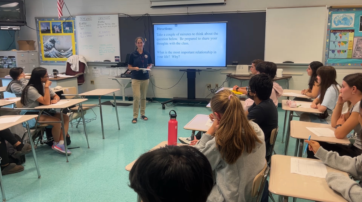 Social studies teacher Amy Pollin lectures to AP World History students on Sept. 13. AP World students have the option to take the AP exam on May 8, 2025. ¨I think that students should take the exam. It is being paid for by the county...I do not see a reason not to take it," Pollin said.