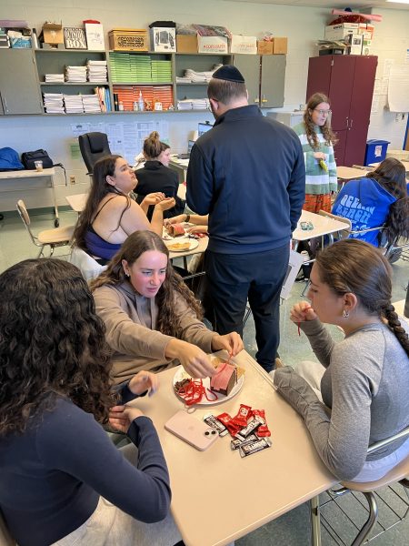 Freshman Molly Kimball, Nicole Kaffee and Janna Frank work together to make a candy sukkah in Jewish Student Union's first meeting this year on Friday, Oct. 12.