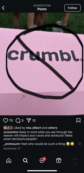 Coach Kellie Redmond posts Crumbl Cookie box with a general prohibition sign on the official Cross Country Instagram reminding athletes about the impacts of their diet throughout the season on Sep. 27.