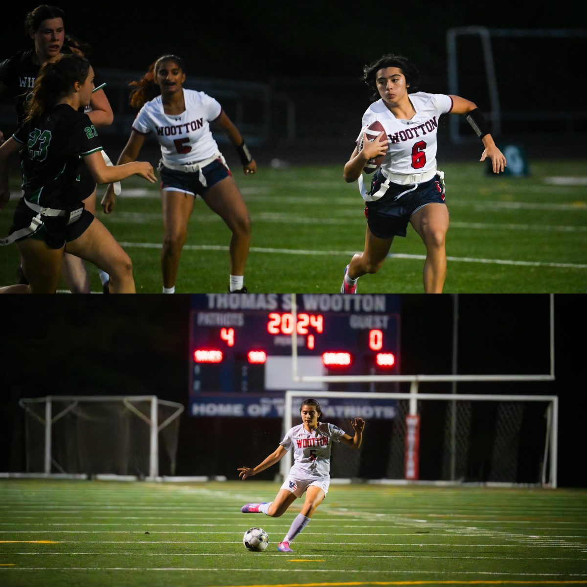 Top: Junior Gabriella Guidorizzi competes in a flag football game against Walter Johnson where the team takes their first loss of the season, 7-0. Bottom: Guidorizzi competes against Northwood on Sept. 25 on the varsity soccer team, taking a victory of 9-0. "I like being a dual sport athlete because it lets me explore a new sport with my friends," Guidorizzi said.