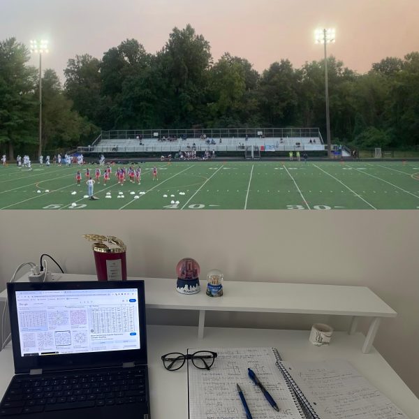 Top: Then freshman Helen Manolis (this writer) attends a football game with her friends. 
Bottom: Rather than going to a football game, now in her junior year, Manolis stays home and does homework on a Friday night.