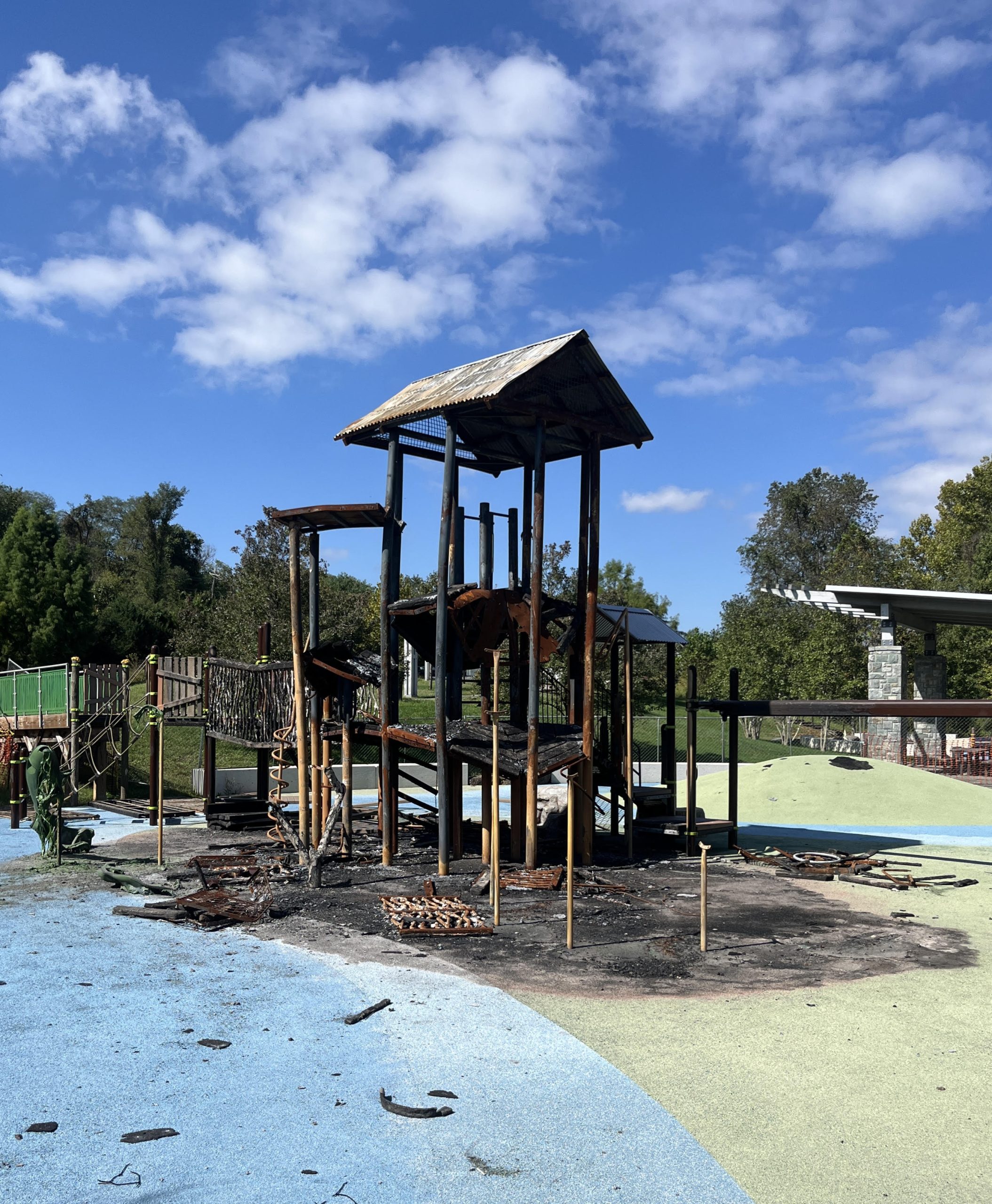 The main playground at Greenbriar Park sits unused on Oct. 3, months after a devastating fire destroyed it. The Montgomery Parks Department hopes to have the park back in use by next spring.