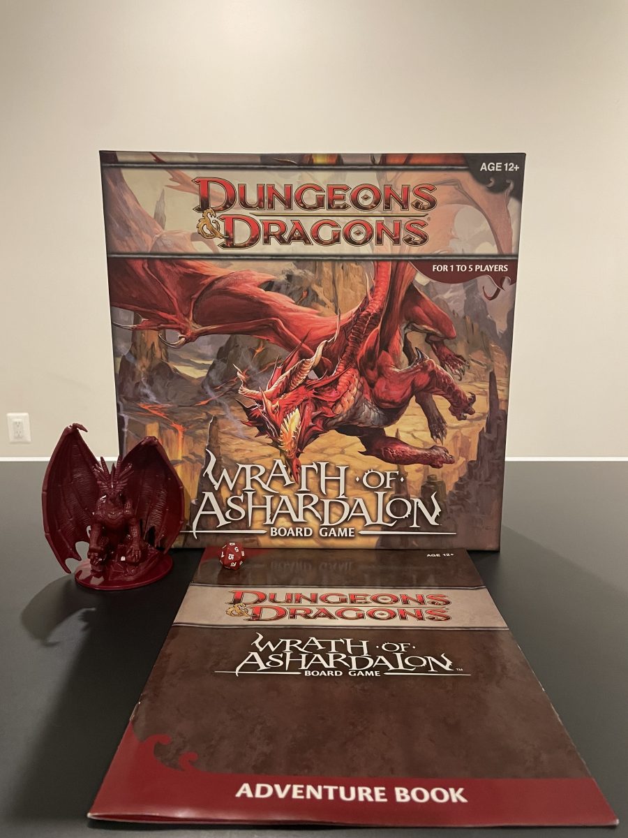 The Dungeons and Dragons: Wrath of Ashardalon board game, adventure book, figure and 20-sided die are used to play Dungeons and Dragons.