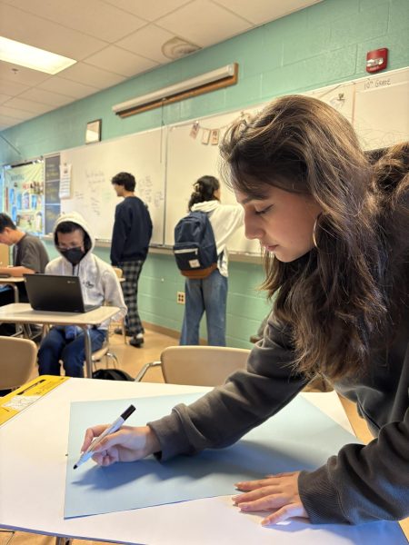 Junior Karina Stepanova creates promotional posters for the fall Coffeehouse event.