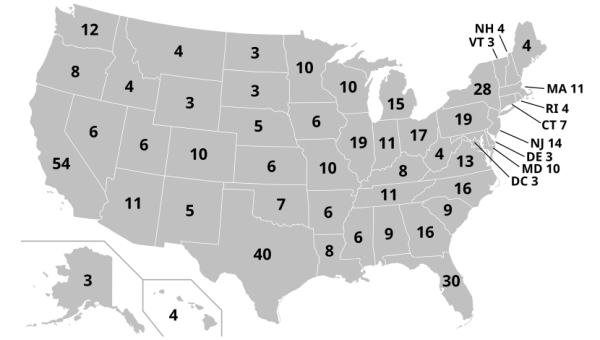 For the 2028 presidential election, this map shows the number of electoral votes allocated to each state.