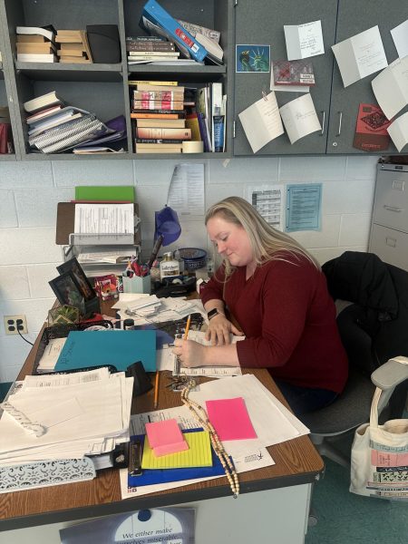 English teacher Catherine Boswell works on lesson plans.