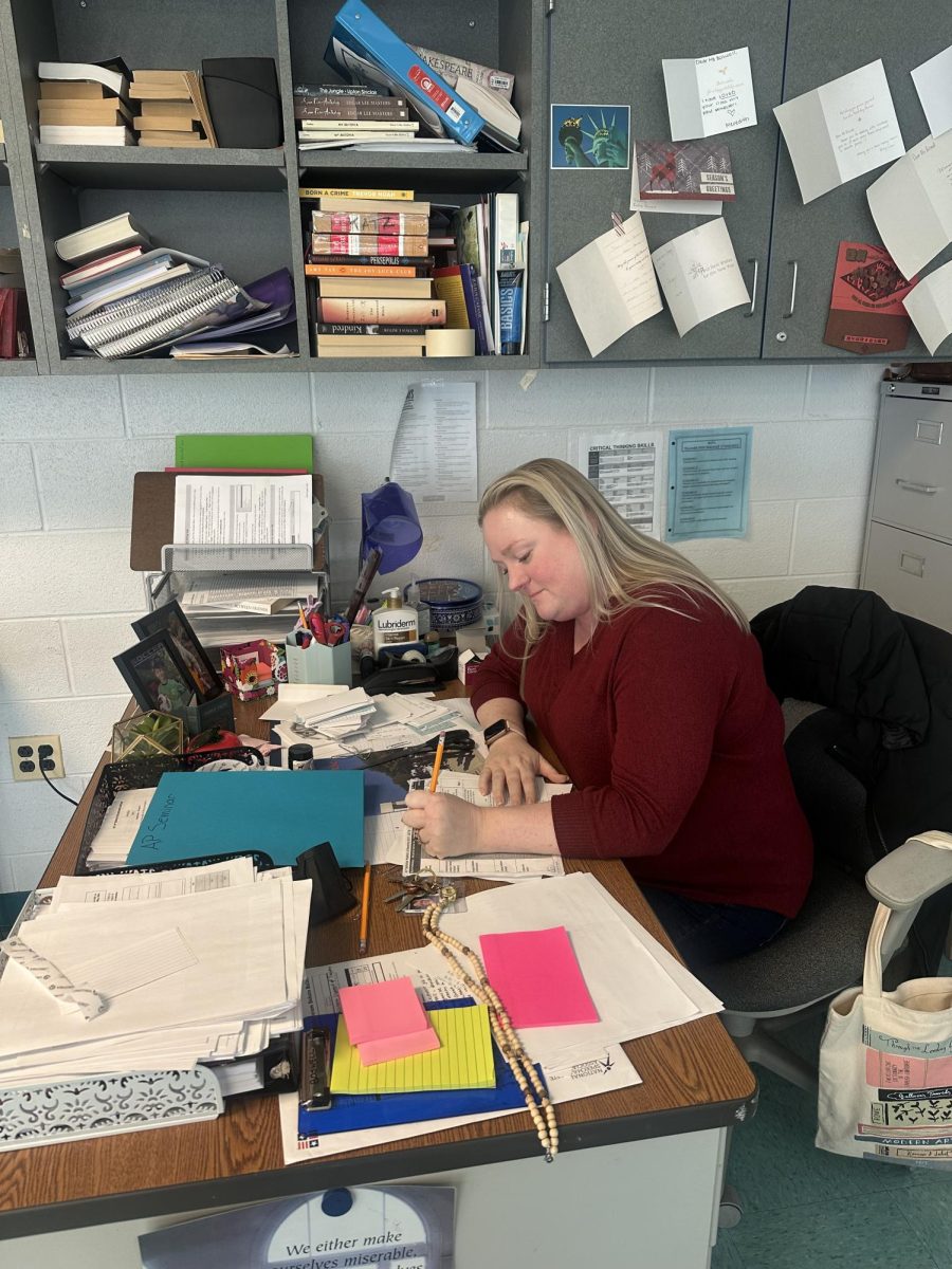 English teacher Catherine Boswell works on lesson plans.