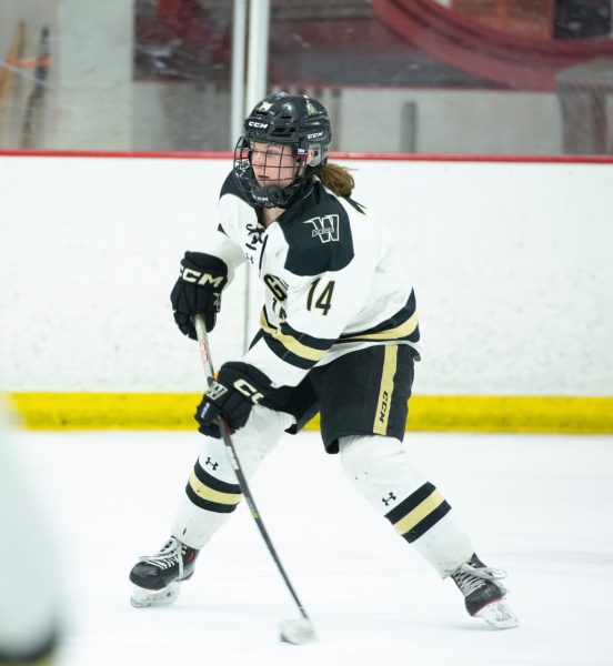 Senior University of New England ice hockey commit Morgan Hill prepares to pass. "Hockey is pretty much our (my sister and I) whole lives. We've missed so many high school events because we travel pretty much every week to Canada, Minnesota, Massachusetts, etc. so college coaches can scout us," Hill said.