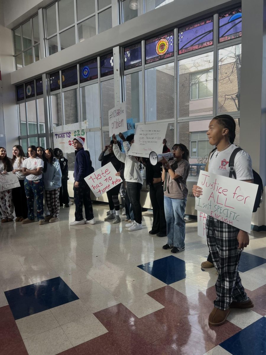 Senior and BSU co-President Leila Khademian led a series of chants at the walkout after the first of the two pep rallies.