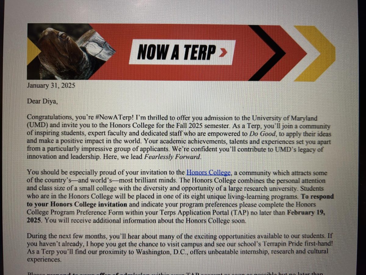 Senior Diya Khetan (this writer) opens her acceptance letter from the University of Maryland College Park on Jan. 31. Only approximately 33% of applicants across the country received an acceptance to UMD through early action this year. 