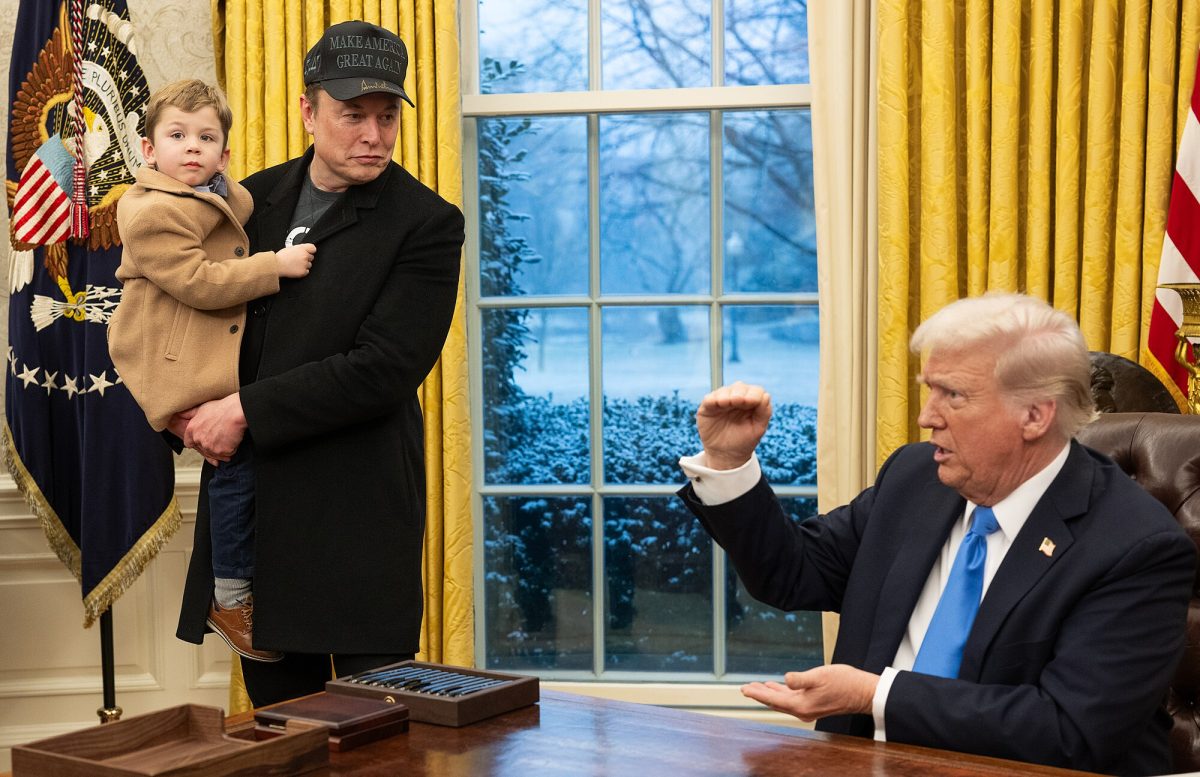 President Donald Trump talks with Elon Musk, CEO of Tesla, in the Oval Office.  Musk is currently leading the Department of Government Efficiency, a new agency set up by Trump to cut federal spending and regulations.