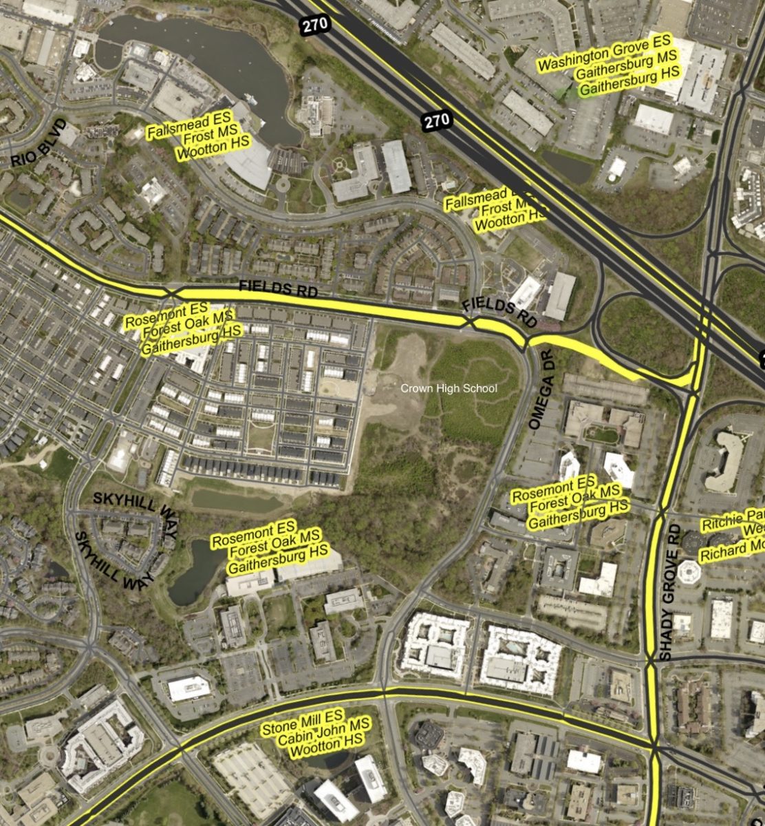 Current school boundary lines at the site of and around Crown High School are visible using MCPS GIS Interactive Map.