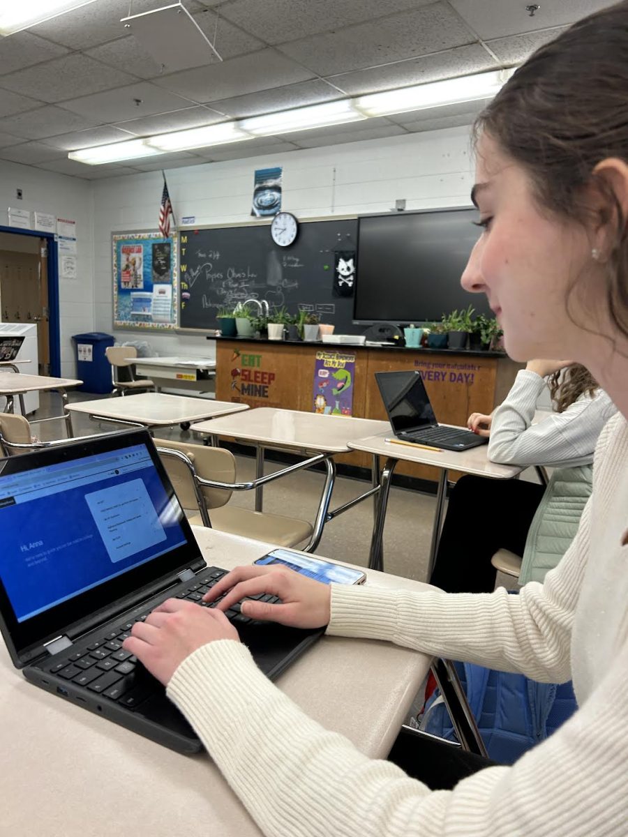 Junior Anna Rusnock logs in to her CollegeBoard account during her first period physics class to look over her results from an AP World History multiple choice practice. Rusnock likes using CollegeBoard to help her study for all of her AP classes by looking through sample responses from past exams. “College Board familiarizes me with the content and allows me to feel more confident for test day,” Rusnock said.