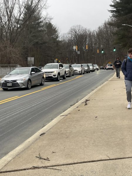 On Wednesday, Feb., 19, sophomore Noah Hurwitz walks down Wootton Parkway next to the long line of cars waiting to turn into Wootton to get to school on time. "I also walk past hundreds of cars every morning," Hurwitz said.