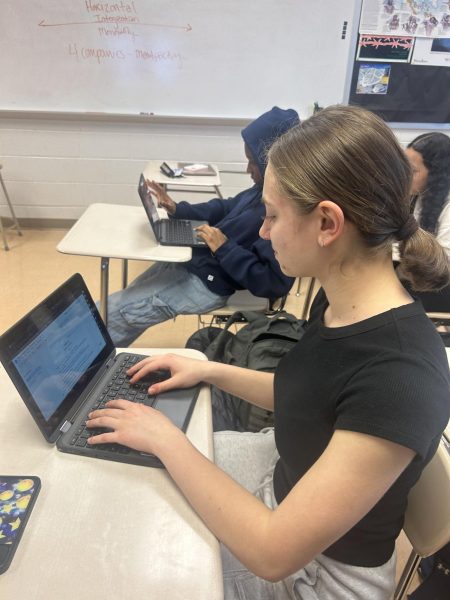 Freshman Emma Paskhal works on a history assignment during eighth period. "I prefer working on the computer because it is more efficient," Paskhal said.