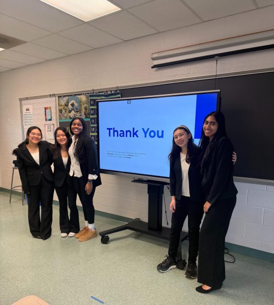 Sophomores Laya Kudaravalli, Charissa Kim, Peace Tiam, Amriel Bates and Isabella Fang finish their TMP for AP Seminar 10.