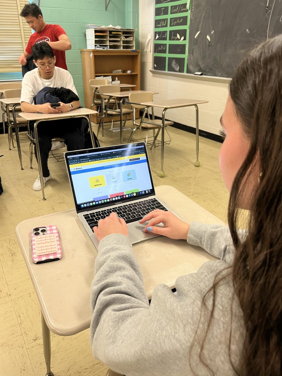 Junior Abby Goozh does the Daily Wordle during her eighth period AP World History class.