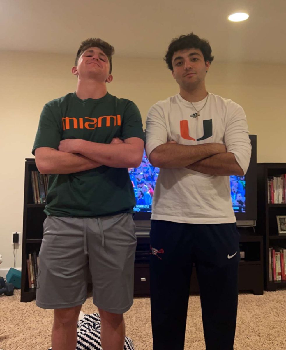 Class of 2023 graduates Mason Berk  and Devin McCarthy celebrate together when they both decided to go to the University of Miami. “Devlin and I have been roommates for the past two years and have absolutely loved UM. It’s been great to have a friend from home in college and it’s still always fun to come back to UMD and see our other friends,” Berk said.