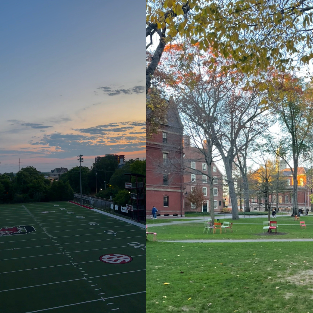 The University of South Carolina's marching band practice field (left) and Harvard University's campus (right).