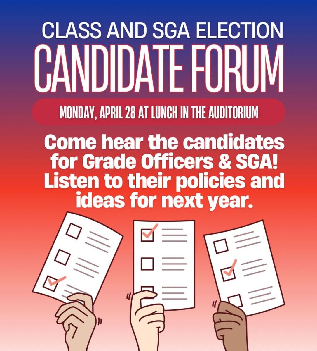 On Apr. 28, during lunch, candidates spoke to students about their policies and goals. "We wanted a space where candidates could share more about themselves and students could ask questions," senior and SGA co-president Ashi Stanislaus said.