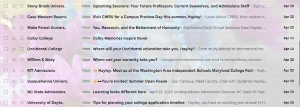 Ten of the 14 emails received by this writer from colleges on Apr. 23: College emails range in the content they advertise, such as in-person opportunities to learn more about the college, the school's college applications process, and programs such as study abroad.
