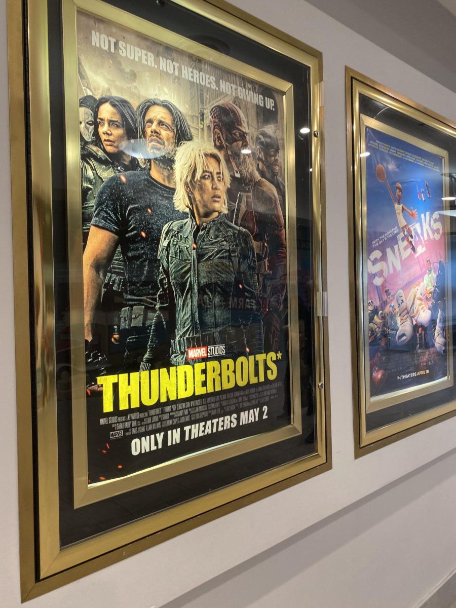 A poster advertising the newest Marvel movie, Thunderbolts, is displayed at AMC Rio Cinemas in Gaithersburg.
