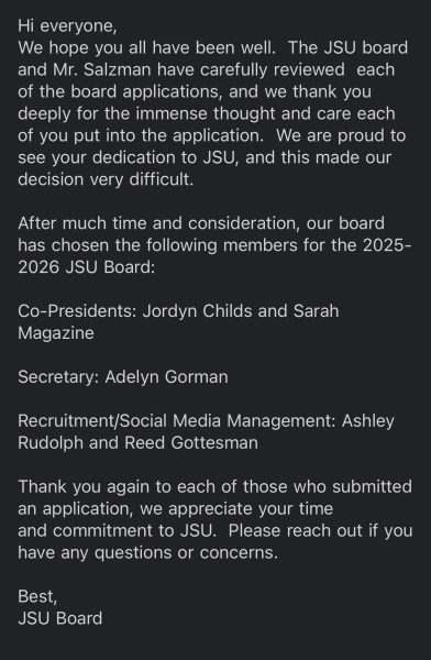 The Jewish Student Union (JSU) sends out an email listing the club's executive board positions for next year. 