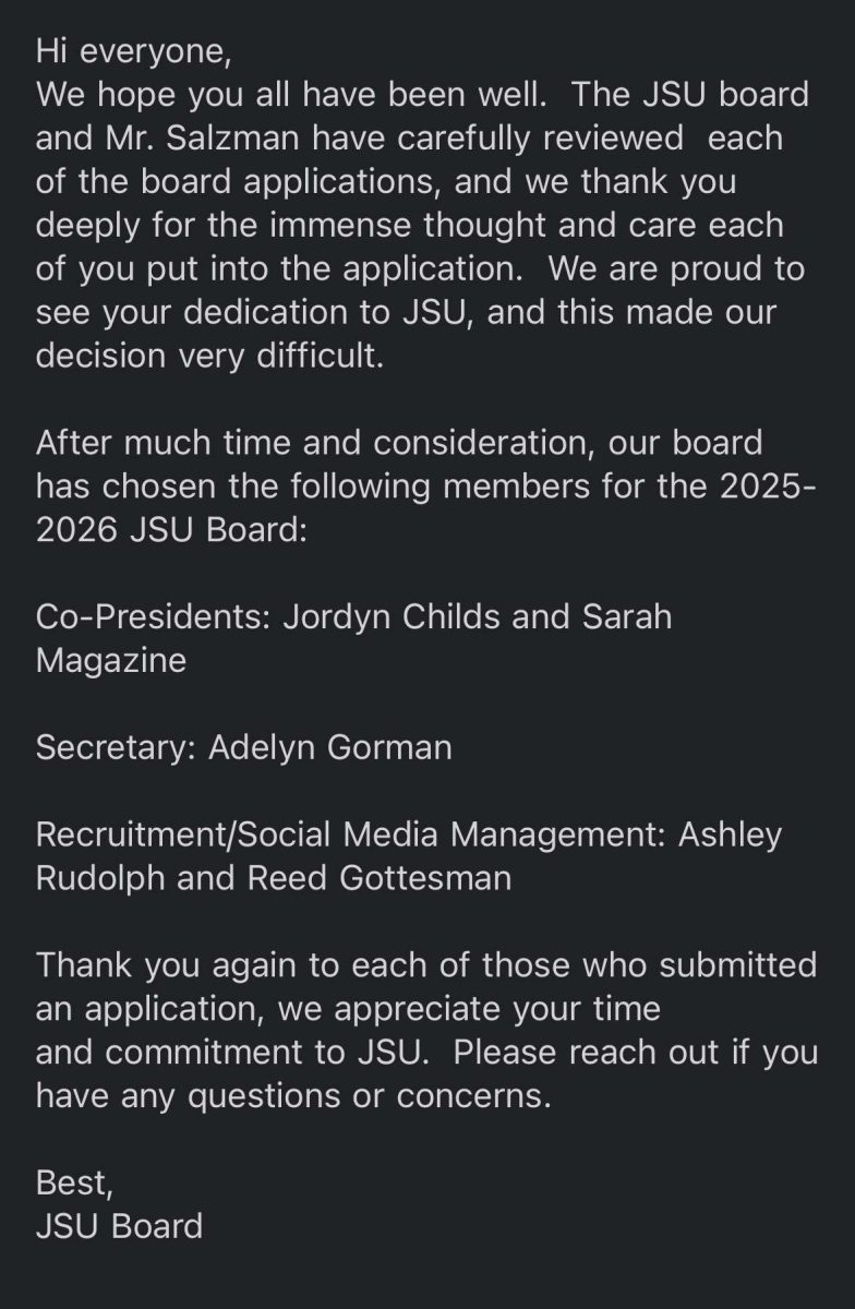 The Jewish Student Union (JSU) sends out an email listing the club's executive board positions for next year. 