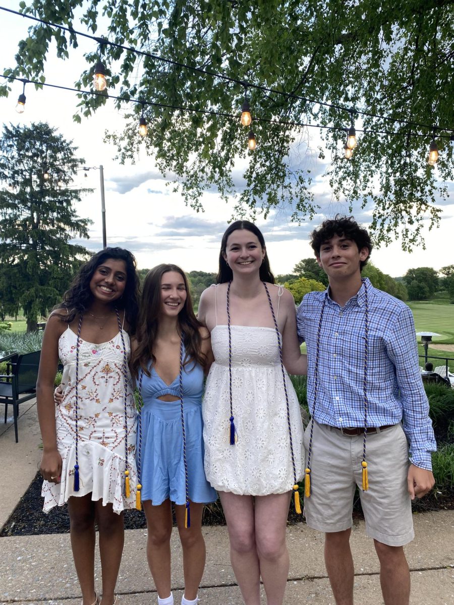 Seniors and Editors-in-chief Heerah Jayakumar (this writer), Maria Daraselia, Claire Lenkin and Alex Balian receive their cords at the Quill and Scroll induction ceremony on May 6.