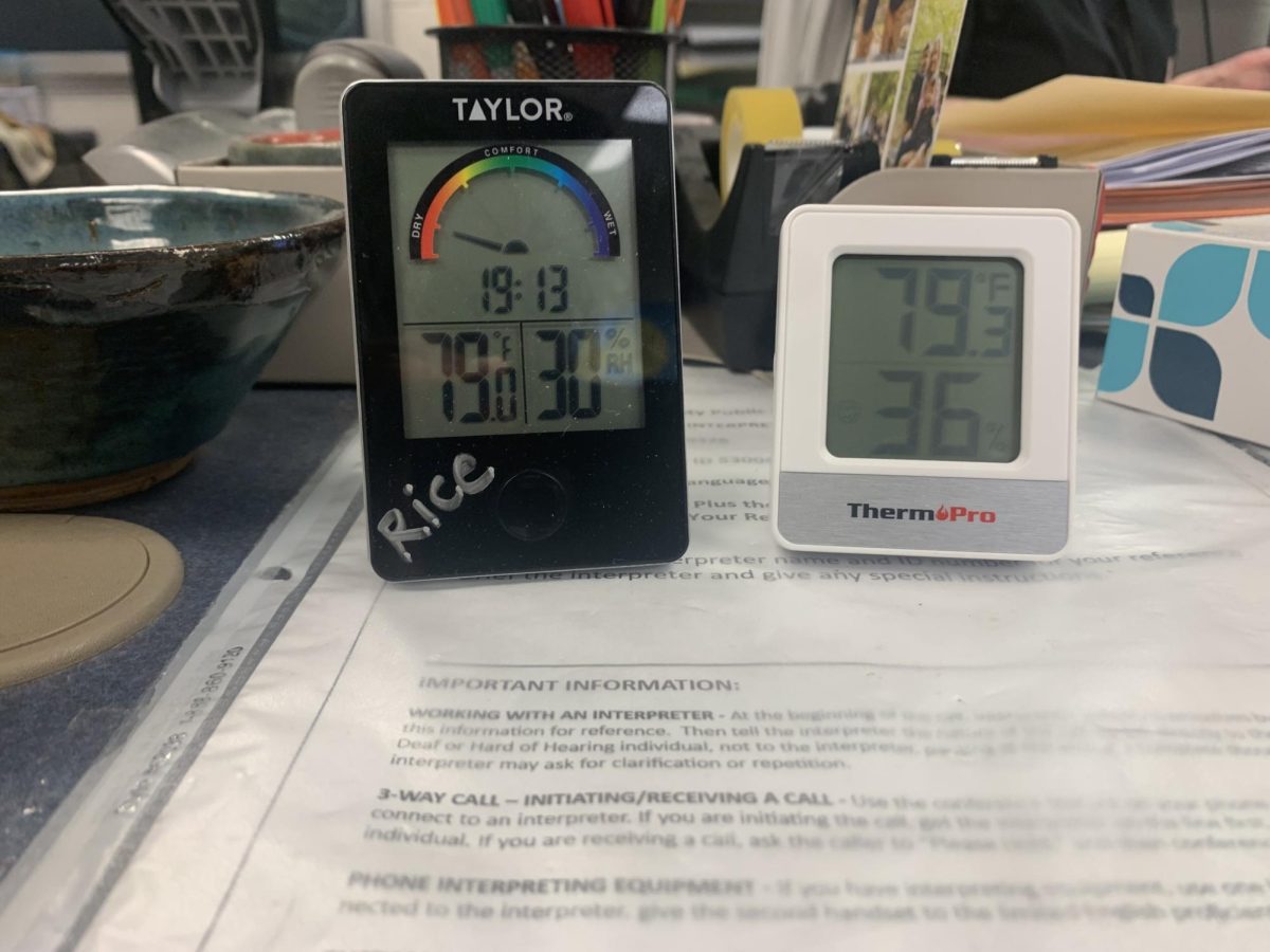 Counseling office thermostat and humidity readings on April 3, show hot and dry temperatures, leading to less than desired conditions.